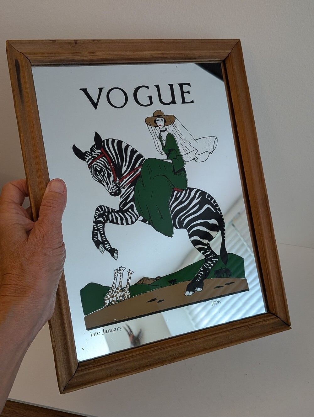 Vintage Vogue Magazine 1926 Cover Framed wall Mirror Art Deco Lady Riding Zebra